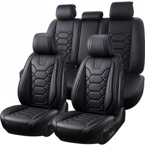 OASIS AUTO Car Seat Covers Full Set, Sporty Leather with Honeycomb Pattern, Waterproof Universal Fit for SUV, Sedan, Pick-up Truck, Automotive Interior Accessories (OS-004 Black)