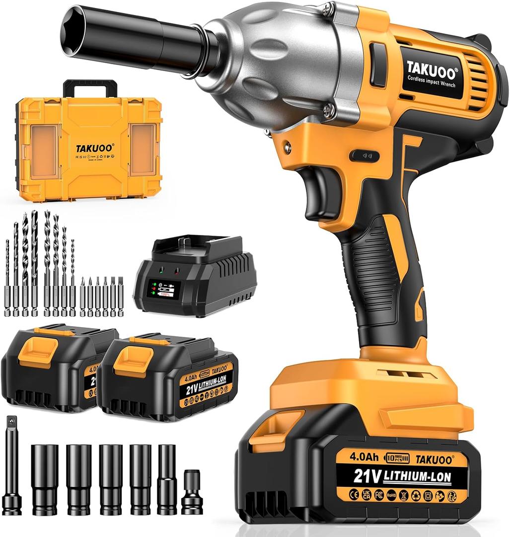 Cordless Impact Wrench 1/2 Inch, Brushless Impact Gun 1200N.m (900ft-lbs) High Torque, 3300RPM w/ 2x 4.0Ah Battery, 6 Sockets/8 Drills/6 Screwdrivers, Power Electric Impact Wrench for Home Car