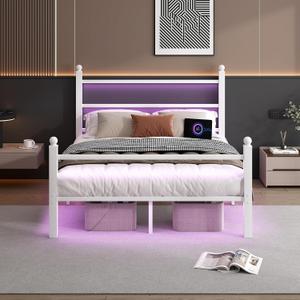 CLIBFENG Full Size Bed Frame with Headboard and Footboard,Steel Slats Support-LED Bed Frame with USB Charging Station,Mattress Foundation-Under Bed Storage,No Box Spring Needed,Noise Free,White