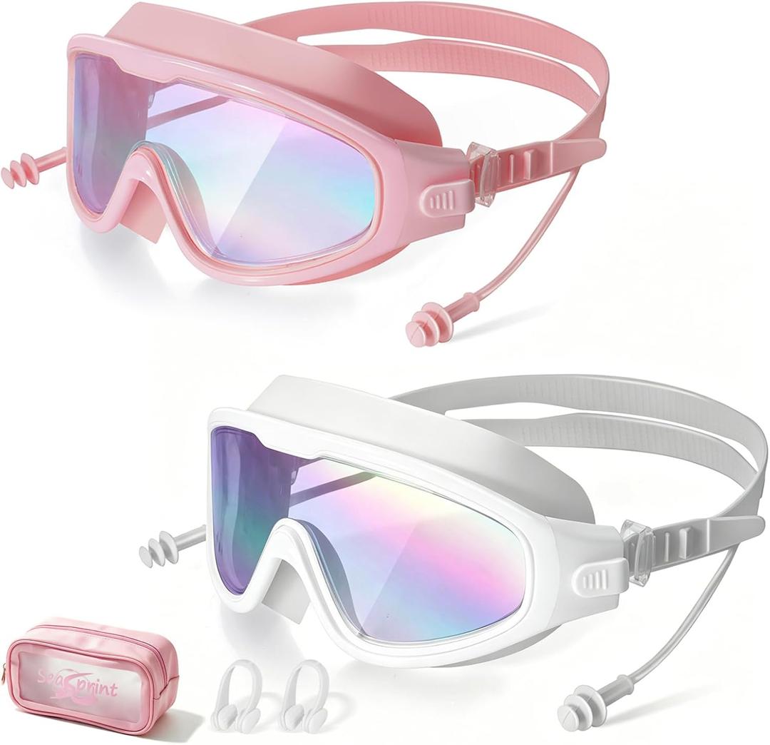 Adult Swimming Goggles,Leak-Proof,Anti-Fog Pool Glasses,Wide View Swim Goggles with Ear Plugs and Nose Clip, One Size