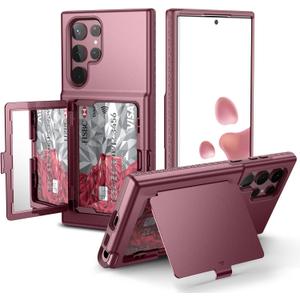 WeLoveCase for Samsung Galaxy S22 Ultra Wallet Case with Credit Card Holder & Hidden Mirror, All-Round Protection Shockproof Phone Cover Designed for Samsung Galaxy S22 Ultra, 6.8 Inch Burgundy