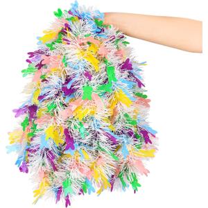 33FT Easter Tinsel Garland, White Metallic Hanging Twisted Garlands with Colorful Bunny Confetti Spring Hanging Garland for Bunny Party Supply Wreath Tree Indoor Outdoor Decor