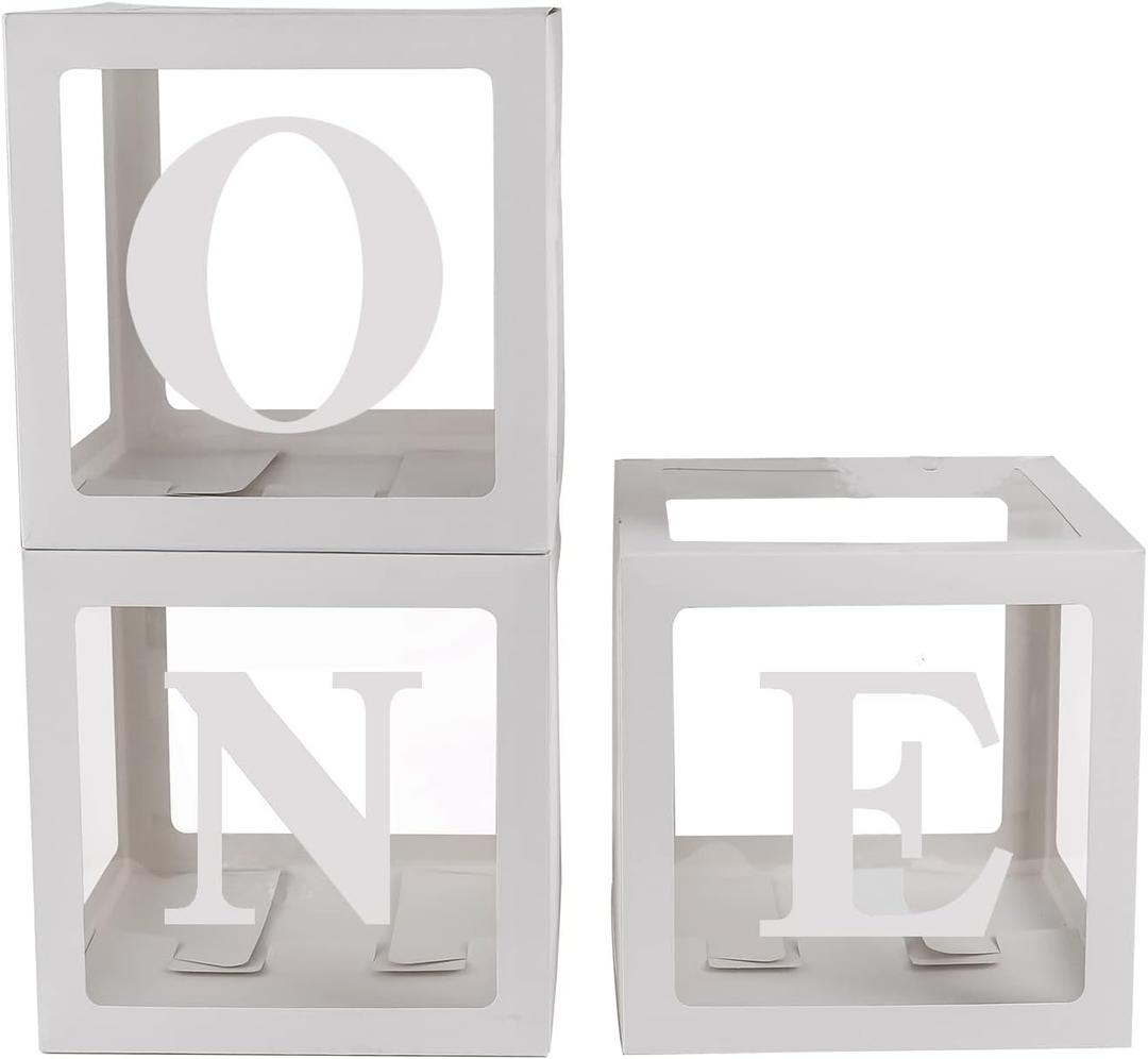 Sooyee First Birthday Decorations For Boy Or Girl, 3 Pcs ONE Balloon Boxes For 1st Birthday, Baby Clear Blocks Party Decor With ONE Letters For Photoshoot Props, Cake Smash Backdrop (White)