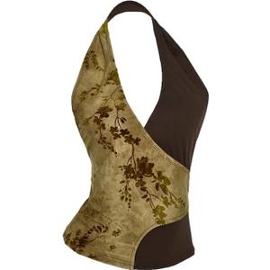 WDIRARA Women's Floral Bow Backless Halter Top Deep V Neck Sleeveless Tank Tops (Yellow, X-Small)