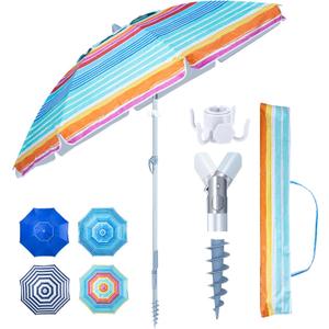 Tempera Heavy Duty High Wind Beach Umbrella with Sand Anchor & Carry Bag | Patio Outdoor Umbrella with Aluminum Frame and Push Button Tilt, Ideal for Travel Garden Lawn, UPF 60+