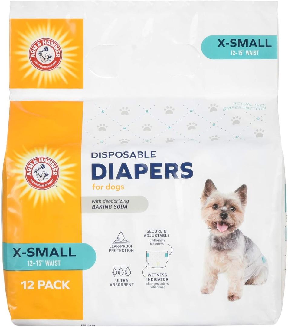 Arm & Hammer for Pets Disposable Female Dog Diapers with Odor Control and Wetness Indicator, Leak Resistant Dog Diapers for Incontinence and Heat Cycles, Size X-Small 1215 in Waist, 12 Count