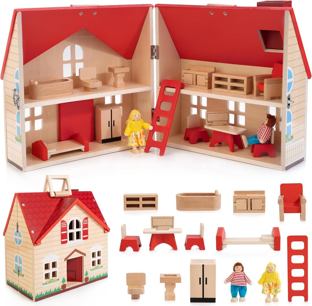 Foldable Wooden Dollhouse with 13PCS Furniture, 4 Rooms and 2 Flexible Dolls, Pretend Play Doll House Set with Portable Handle, Christmas Birthday Gift for Boys Girls Age 3+