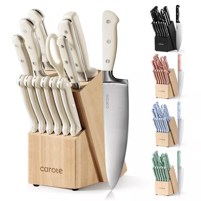 Carote 14 Pieces Knife Set with Wooden Block Stainless Steel Knives with Ergonomic Handle, Forged, White