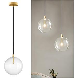 Minimalist Transparent Glass Ball Pendant Light in Gold Finish, Height Adjustable G4 LED Ceiling Haning Light for Dining Room & Living Room (9.8'')