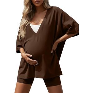Sweetyweee Women's 2 Piece Maternity Lounge Set Oversized Nursing V Neck Short Sleeve Shirt Cotton Pregnancy Short Pajama Set(Chestnut, X-Large)