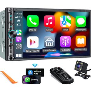 Upgrade Wireless Double Din Car Stereo with Carplay, Android Auto, Bluetooth, 4-Channel RCA, High Power, 2 Subwoofer Ports, 7" HD Capacitive Touchscreen Car Radio, Backup Camera, Audio Receiver (Black Wireless Car Stereo)