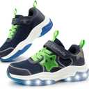 Floranate Little Kids Light Up Shoes for Girls Boys Tennis Sneakers with Switch Strap Walking Shoes Athletic Footwear Toddler (Navy Green Light Up Shoes, 1 Little Kid)