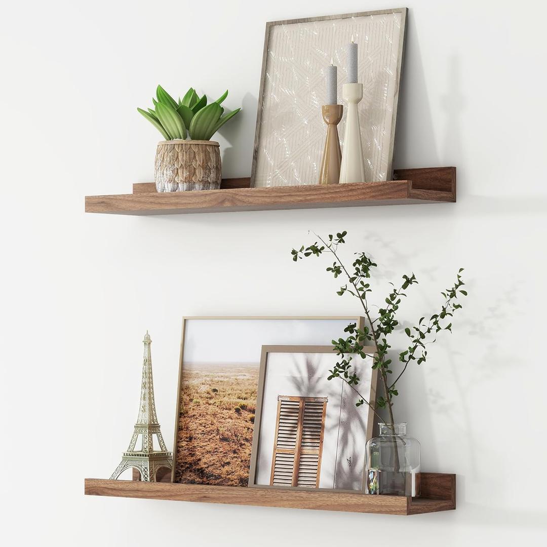 FLYJOE Picture Ledge Shelf, Floating Shelves Set of 2, 24 Inches Nursery Book Shelves for Toys Storage, Kids Bookshelf Wall Mounted for Living Room Bedroom Decor Books Photo Frames, Walnut