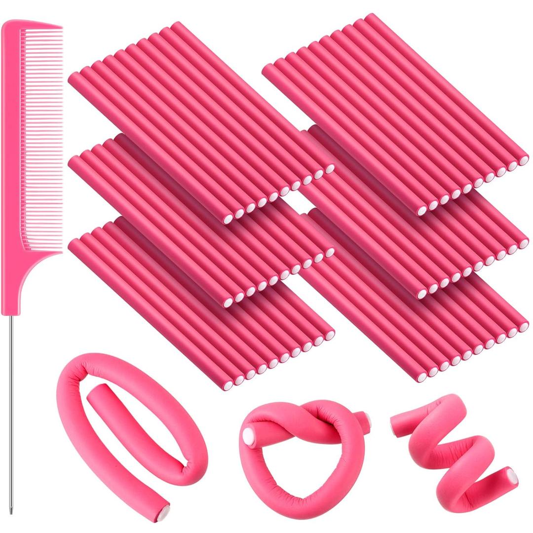 60 Pieces Flexible Curling Rods with 2 Pieces Stainless Steel Rat Tail Pintail Combs, No Heat Soft Foam Hair Curlers Twist-Flex Bendy Foam Hair Roller Spiral Hair Foam Curler (Pink, 0.3 x 7 Inch)