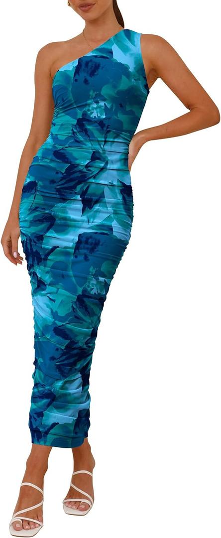 PRETTYGARDEN Wedding Guest Dresses for Women Summer 2026 One Shoulder Ruched Mesh Bodycon Cocktail Beach Floral Maxi Dress (Blue, S)