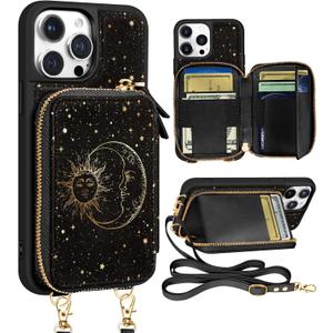 Shorogyt Leather Wallet Case Crossbody | RFID Blocking, Card Holder Slots, Designer, Sun Moon, Handbag, Purse, Phone Cases, with Lanyard