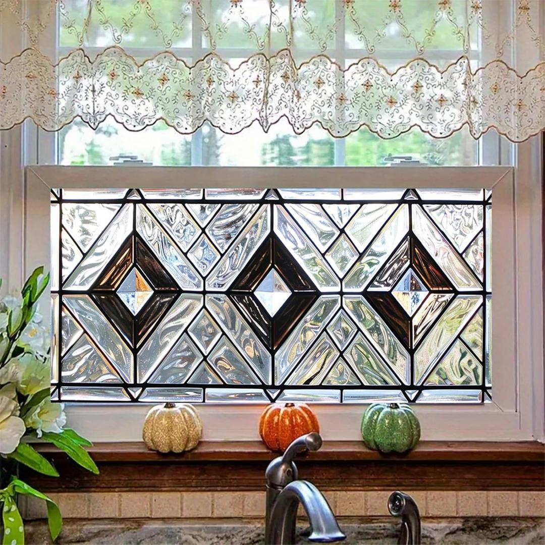 HOMETITUTE Stained Glass Window Film 39.3x17.7 Inch Geometric Frosted Glass Sticker for Bathroom Kitchen Door Window Static Cling Privacy Film No Glue Decorative Window Covering