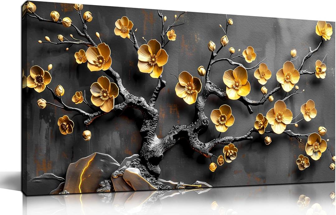 Large Canvas Wall Art for Living Room Bedroom Home Office Grey and Gold Metal Color Plum Blossom Picture Modern Canvas Prints Framed Wall Decor Size 20x40