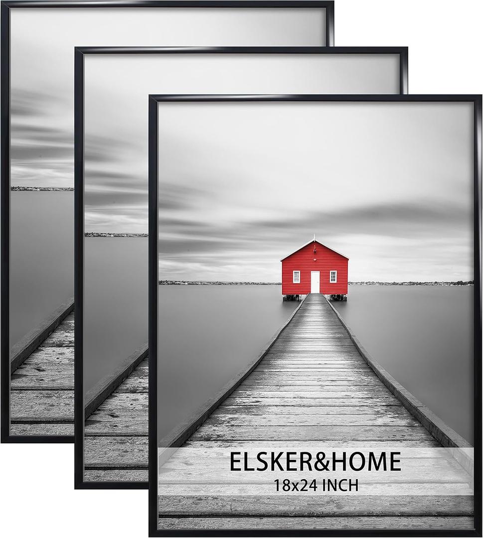 ELSKER&HOME 18x24 Poster Frame 3 Pack, Black Picture Frame for Horizontal or Vertical Wall Mounting, Sturdy and Scratch-proof