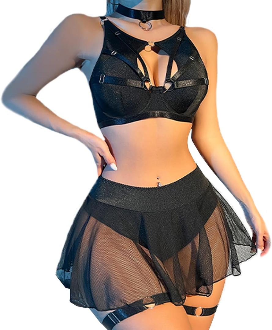 HHX Womens Lingerie Faux Leather Garter with Underwire Push Up Bra and Chain Lace Teddy Bodysuit (Small, Metallic Black)