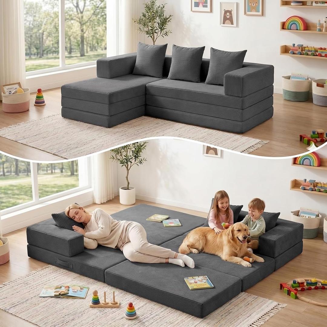 Boneless Couch Small,Convertible Sleeper Sofa Bed, Modular Sectional Sofa, Modern Tri-Folding Cloud Couch with L-Shape Chaise, Corduroy Futon Couches for Small Spaces Apartment,No Assembly