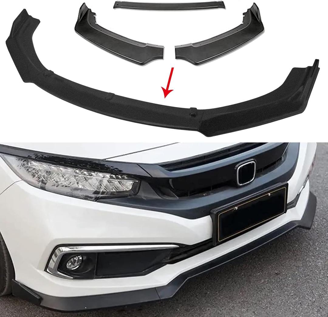 3PCS Matte Black Front Bumper Body Kit Spoiler Chin Spoiler Front Bumper Lip Compatible with 2016-2020 Civic