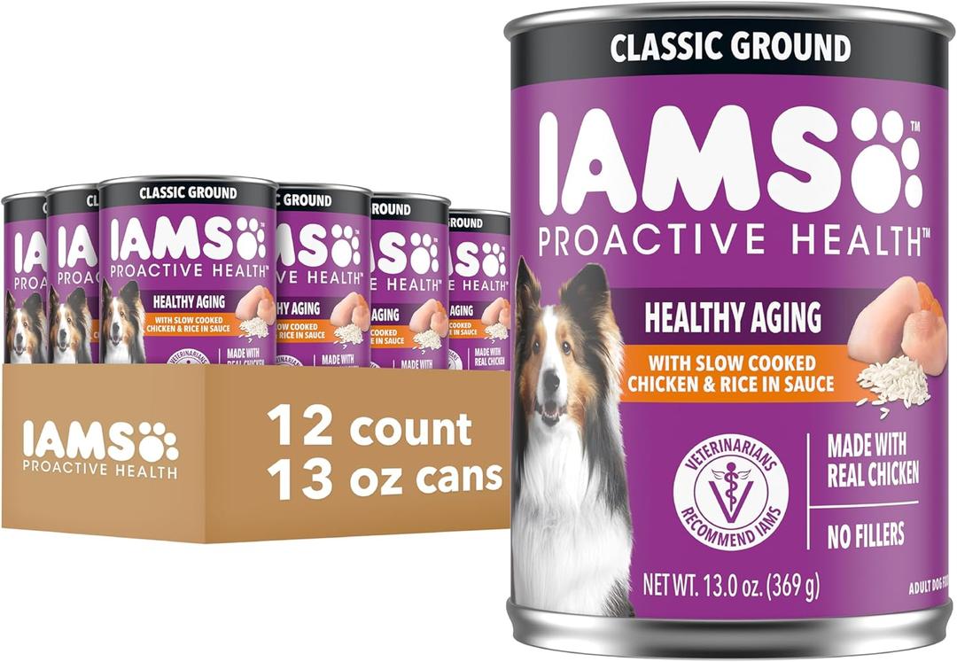 IAMS Proactive Health Senior Wet Dog Food, Classic Ground Dog Wet Food, Slow Cooked Chicken and Rice, 13 oz. Cans (Pack of 12) BBD: 11/01/2027