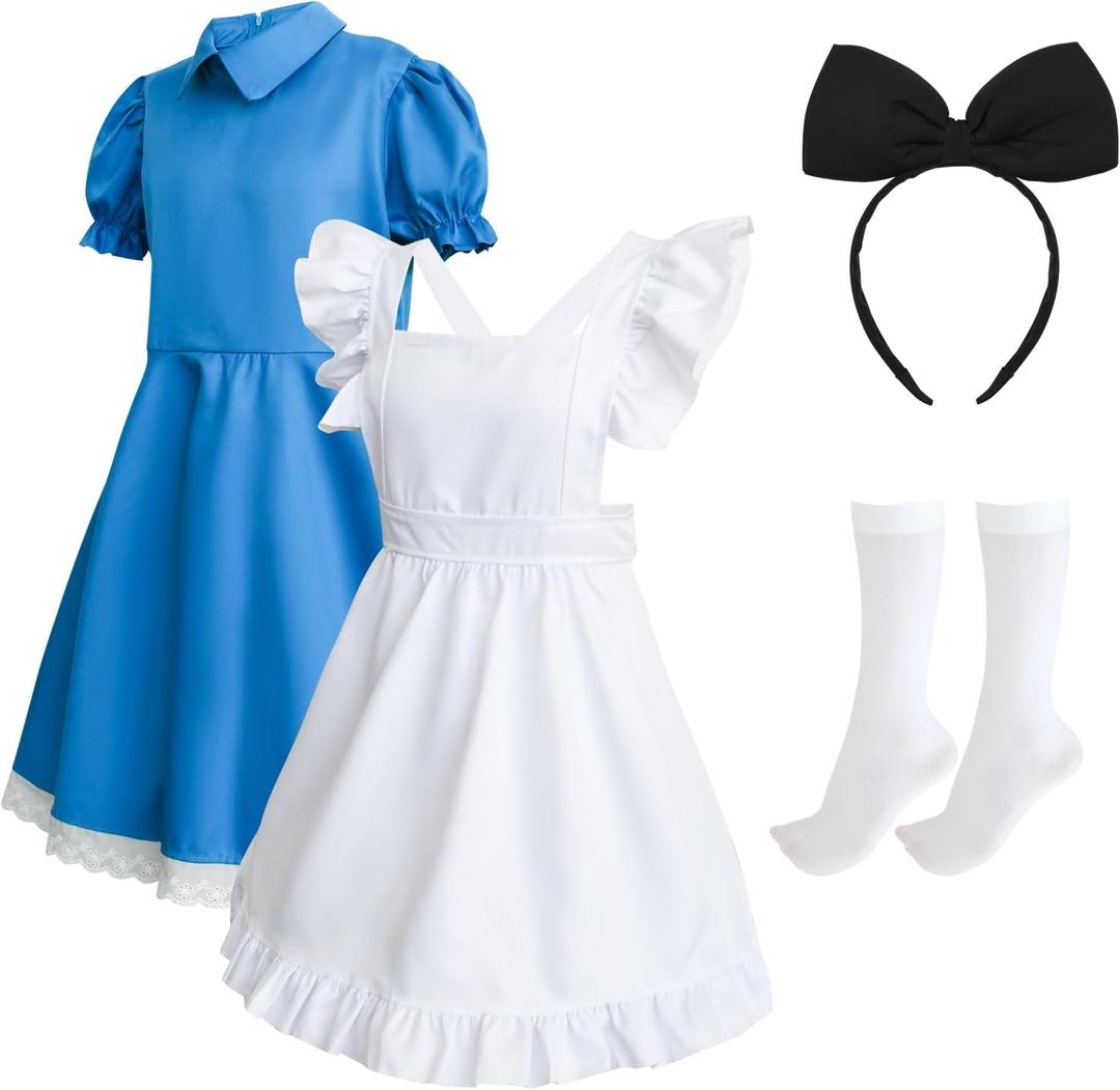 Girls Blue Dress with White Apron Headband Stockings Reading Day Outfits Set Halloween Costumes for Kid 5-14 Years (11-12 Years)