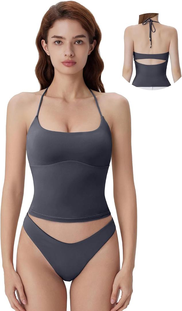 SUUKSESS Halter Tops for Women Tank Tops with Built in Bras Double Lined Backless Top Y2K Going Out Camisole (Blue, M)