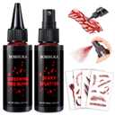 BOBISUKA Halloween Fake Blood Kit, 1.76oz Blood Spray + 1.76oz Dripping Blood + 4 Scar/Wound Face Tattoos, Realistic Washable Fake Blood Makeup for Clothes Zombie Vampire Monster SFX Costume Cosplay