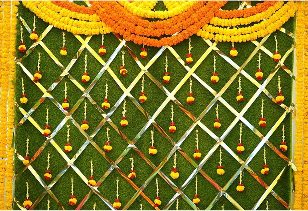 5x3ft India Pooja Photography Backdrop Yellow Flower Green Flower Wall Hindu Photography Background Indian Wedding Puja Ganpati Pooja Traditional Mehndi Festival for Kids Adult Studio Video