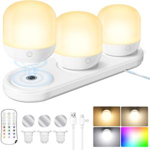 Rechargeable Battery Operated Light Bulb Set with Magnetic 3 in 1 Charging Station & Remote Control, Wireless Dimmable Detachable LED Bulb with 15 Colors Selectable for Wall Sconce, Non-Hardwired
