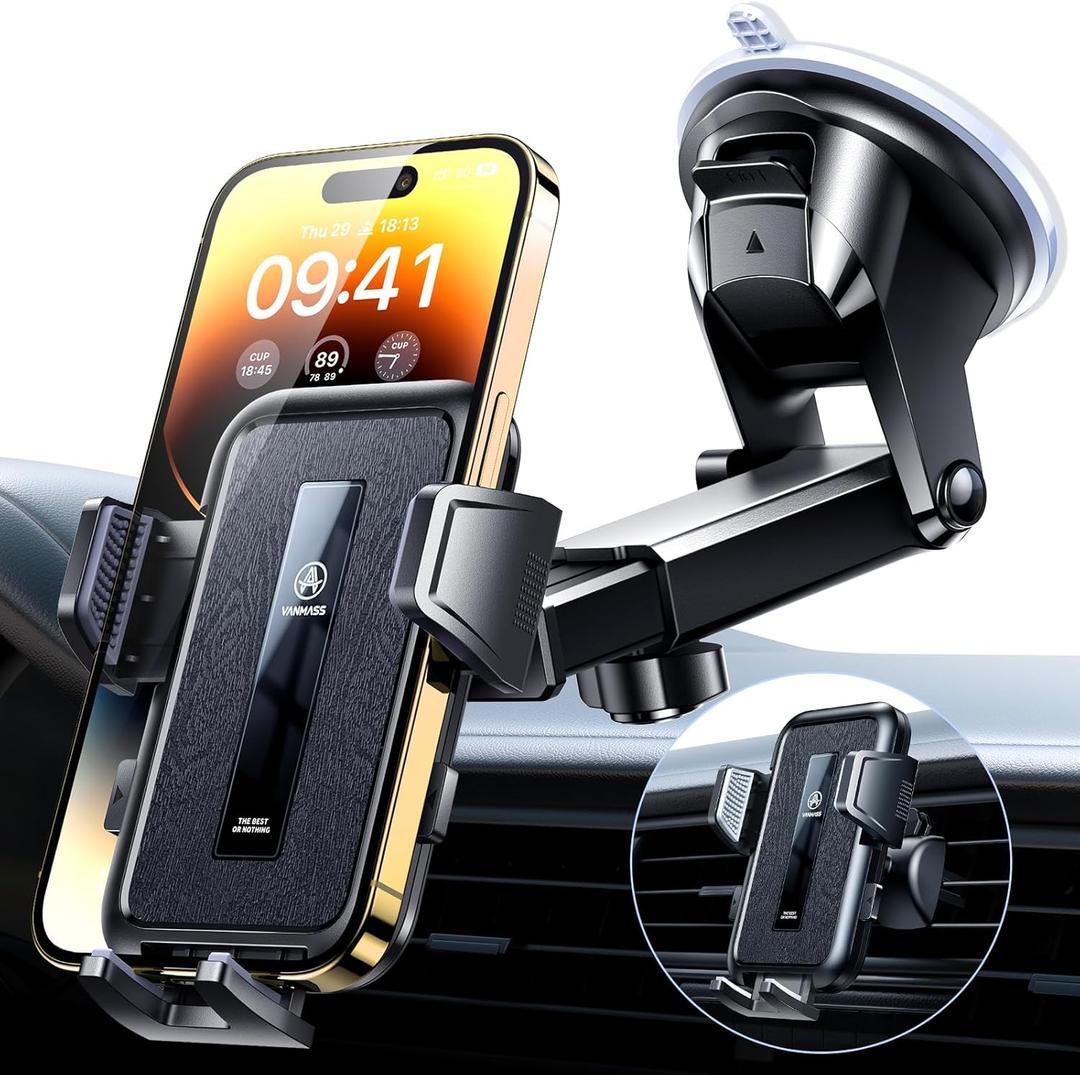 VANMASS 2025 Upgraded Car Phone Holder, [85+LBS Strongest Suction] Patent Safety Cell Phone Mount Windshield Dashboard Vent Truck Accessories Stand Cradle for iPhone 16 Pro Max 15 14 13 Android (Black)