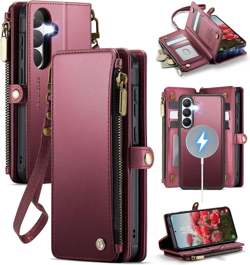Defencase for Galaxy S26 Magnetic Wallet Case Compatible with Magsafe with RFID Blocking Zipper & Card Holder for Women Men, PU Leather Detachable Phone Case for Samsung Galaxy S26 6.3", Wine Red