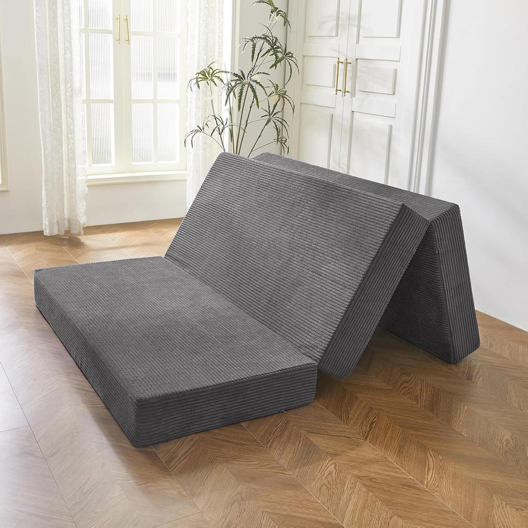 BYBYME Corduroy Tri-Folding Mattress, 6 Inch Gel Folding Mattress Topper, Foldable Soft Guest Bed Camping Pad, Washable Cover (Dark Gray, Twin) (Carbon Grey)