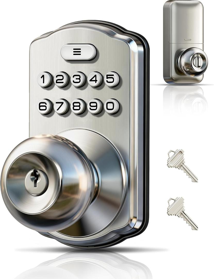 Veise Keypad Door Knob Lock, Keyless Entry Digital Lock with Handle, Electronic Smart Knob for Front Door & Bedroom, Easy Install, Auto Lock, Passage Mode, Anti-Peeping Password, Satin Nickel