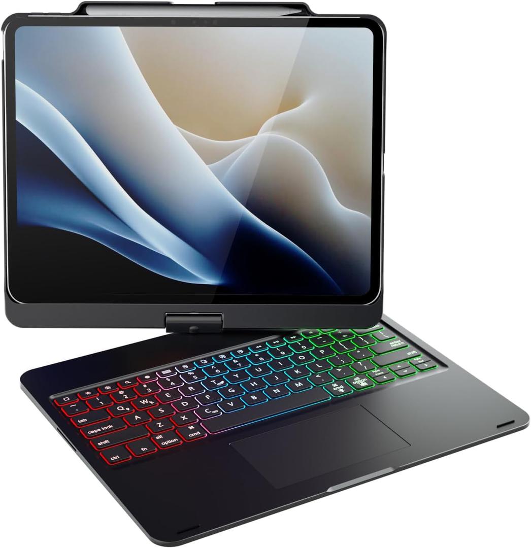 doqo Keyboard case for iPad Air 13 inch(M3/M2),iPad Pro 13(M5 2025/M4 2024),iPad Pro 12.9(6th/5th/4th/3rd Gen) Case with Keyboard 360 Rotatable with Trackpad 7 Color Backlight Pencil Holder Black