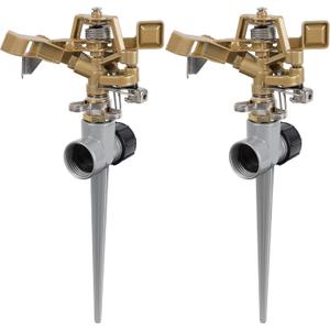 Biswing 2 Pack Impact Sprinklers with Stand (Spike), Heavy Duty Zinc Alloy Lawn Sprinkler Head on Spike Base, Adjustable Watering Sprinkler for Large Area Grass Yards Patio Garden Irrigation