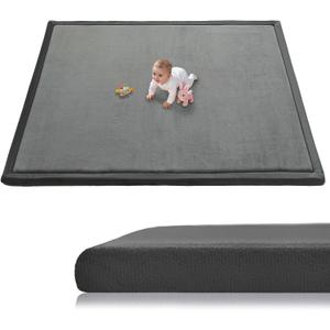 Baby Play Mat for Floor, 1.3 Inch Thick Memory Foam Tummy Time Mat with Non Slip Backing, Soft Coral Velvet 59X71 Inch Playpen Mat Crawling Tatami for Infants Toddlers Kids, Dark Gray
