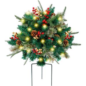 Glintoper Lighted Artificial Christmas Urn Filler, Pre-lit Xmas Pine Trees with Cones, Golden & Red Berries, Tripod Stake and 60 LED Lights, Outdoor Light Up Planter Filler Holiday Home Decor, 1 Pack