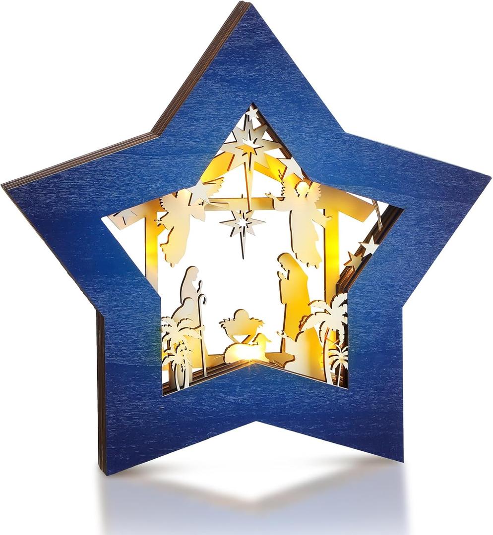 Wooden Nativity Scene Set Christmas Nativity Scene Tabletop Set Christmas Ornament Christian Religious Rustic Decorations with LED Light for Shelves Tables Decorations Indoor Decor(Blue White)