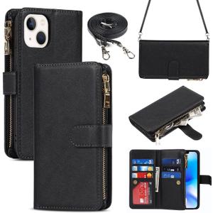 iCoverCase Compatible with iPhone 14 Crossbody Case with Strap for Women, Wallet Phone Case with Card Holder, Zipper Purse PU Leather Flip Cover Case 6.1 Inch (Black) (Not Detachable (Long Strap)--Black)
