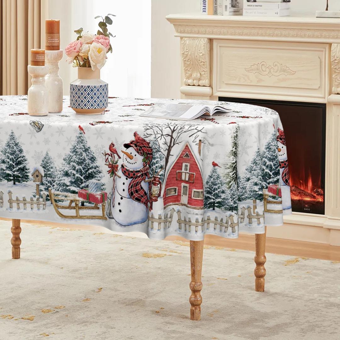 Horaldaily Christmas Tablecloth 6084 Inch Oval, Winter Snowman House Christmas Trees White Washable Table Cover for Party Picnic Dinner Decor