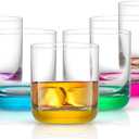 JoyJolt Hue Colorful Whiskey Set of 6, 10oz Drink Glasses, Double Old Fashioned Glass, Modern Whiskey Glass Set for Bar, Low Ball Cocktail Tumbler Glasses