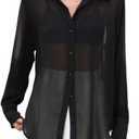 Arssm Women Sheer Button Up Blouse Mesh Long Sleeve Sexy See Through Tops Fashion Trendy Mesh Shirts Tops (Large, Black)