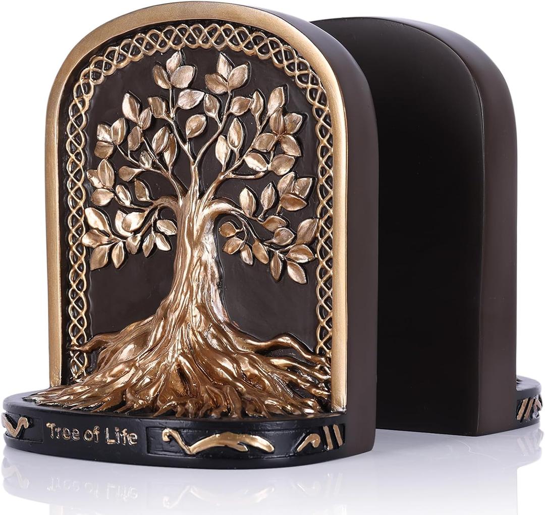 Tree of Life Bookends, Black Gold 2 Non-Skid Heavy Decorative Bookends for Shelves Or Bookcase, Elegant Bookends for Library Office Decor, Home Décor Gift