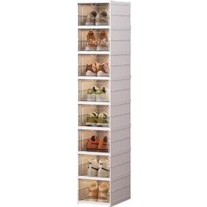 8 Tier Vertical Tall Narrow Shoe Rack, Corner Shoe Storage Organizer, Foldable Shoe Shelf for Closet Entryway, Free Standing Cabinet with Clear Door, Plastic Space Saving Shoe Stand, White