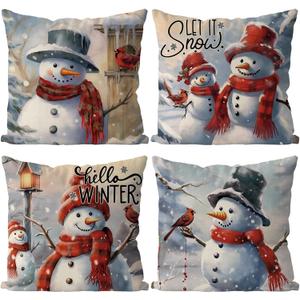 GAGEC Christmas Pillow Covers 18x18 Inch Set of 4 Snowman Pillow Case Vintage Christmas Xmas Winter Home Decor Living Room House Decorative Cushion Case for Sofa Couch