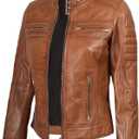 Blingsoul Cafe Racer Leather Jacket Womens - Real Lambskin Leather Jackets for Women, Medium