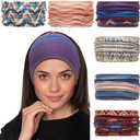 Cobahom 6Pcs Wide Headbands for Women Non Slip Soft Fabric Hair Wrap Boho Head Bands Elastic Sport Hair Bands for Workout Yoga Running (Geometric Elements)